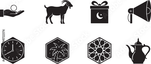 Minimalist Islamic Icons Vector Set: Zakat, Qurban Goat, Eid Gift, Moroccan Tea, Megaphone, Geometric Pattern, and Prayer Time Silhouettes Glyph Collection for Web and App Design.