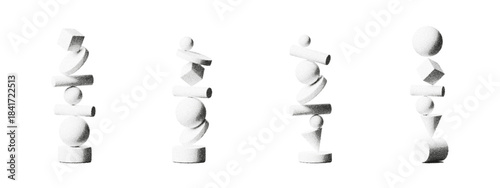 Abstract 3D balance shapes with spheres, cubes and cylinders in a grainy halftone style. Geometric balance and white textured forms create a clean, modern abstract background with retro grain effects