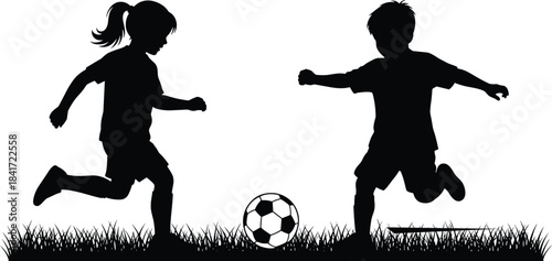 Silhouette of children playing soccer outdoors, boy and girl kicking ball on grass field, active kids sports illustration, youth athletic activity scene