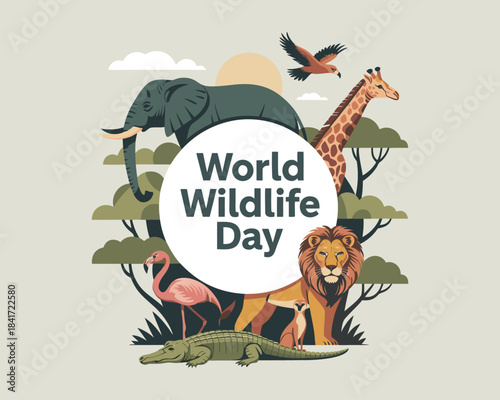 World Wildlife Day concept with animals in the forest. Modern flat vector illustration. Web banner template.