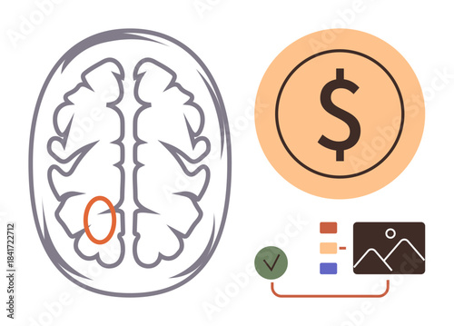 Brain outline with marked region, financial icon showcasing monetary focus, and task management symbols. Ideal for neuroscience, decision-making, finance, cognition, productivity, planning business