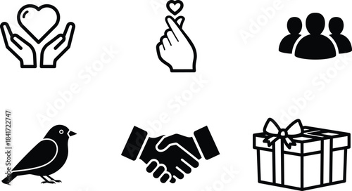 A versatile collection of black outline vector icons illustrating love human connection community nature and celebration concepts for design projects