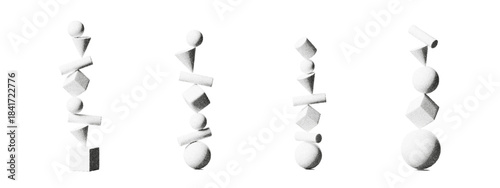 Abstract 3D balance shapes forming geometric stacks on a white background. Grainy noise, halftone texture and soft gradients create an elegant abstract balance design with clean geometric forms.
