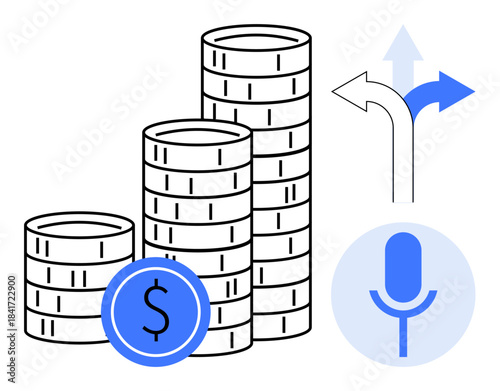Wealth management, financial planning, investment strategies, economic growth, decision-making, digital finance. Stacked coins, arrows microphone icon. Financial planning and decision-making concept