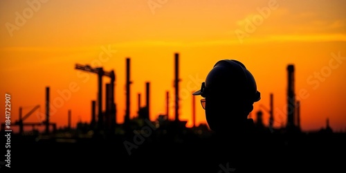 Silhouette of hard hat against refinery at sunset,  occupation,  manufacturing