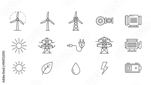 Set of renewable energy and power icons in line art style.