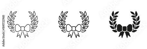 Laurel Wreath With Bow In Line, Outline, And Glyph Icon Set. Achievement, Honor, And Victory Symbol Collection. Ideal For Awards, Celebrations, And Recognition. Isolated Vector Illustration