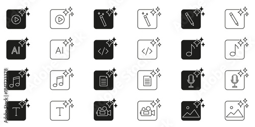AI Generation Icons with Music Note, Document, Image, Microphone, Pencil and Writing Tools Line and Solid Icon Set. Artificial Intelligence Symbols. Isolated Vector Illustration