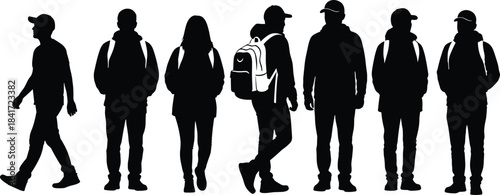 Silhouette of young people standing and walking with backpacks, modern urban students, casual lifestyle illustration, youth group scene, education and travel concept