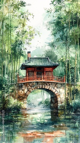Watercolor Pavilion Bamboo Forest Bridge