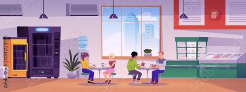 Cafe and restaurant interior vector flat illustration, cartoon children eating in the school cafeteria, dishes counter