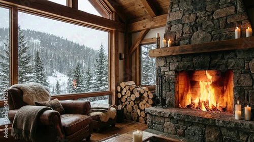 Cozy rustic room interior with armchair, a warm fireplace, and a wide window with snow outside. Looped footage for background.