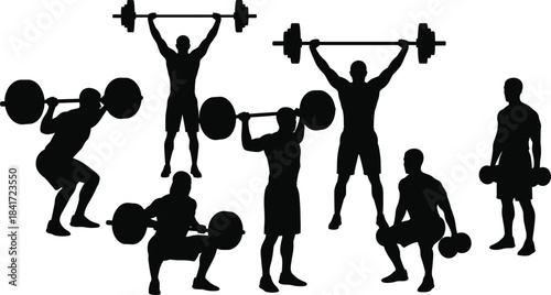 Silhouettes of athletes weightlifting, strong men performing barbell and dumbbell exercises, fitness training illustration, strength workout artwork, bodybuilding concept design