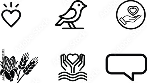 A versatile collection of minimalist line art icons featuring themes of love nature agriculture communication and social care for modern design projects