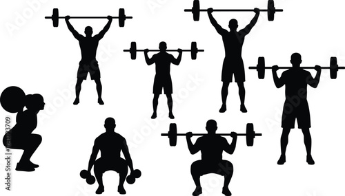 Silhouettes of men lifting weights, barbell and dumbbell exercise poses, fitness training artwork, strength workout illustration, bodybuilding concept design for gym themes