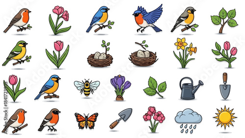 Spring season icons with birds flowers and gardening tools.