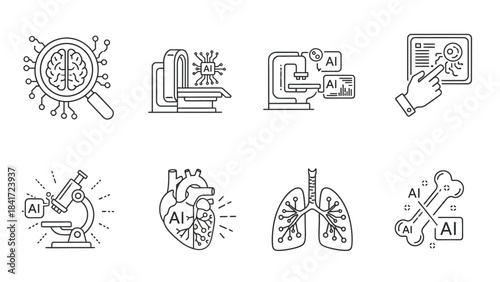Artificial Intelligence Medical Technology Icons Set.