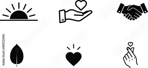 Diverse collection of black outline and silhouette icons representing natural elements human connection and heartfelt emotions like sun leaf shaking hands and various heart gestures