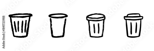 Trash Bin Line Icon Set In Doodle Style. Waste Management, Recycling, And Environmental Conservation Outline Sketch Collection. Hand Drawn Isolated Vector Illustration