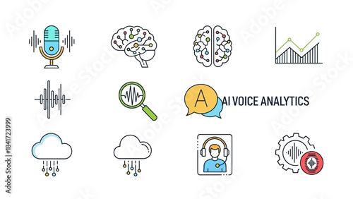 Artificial Intelligence Voice Analytics Icons Set.
