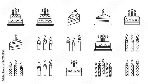 Birthday cake and candle icons in a simple line art style.