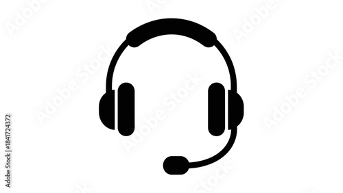 Black headset with microphone icon on white background.