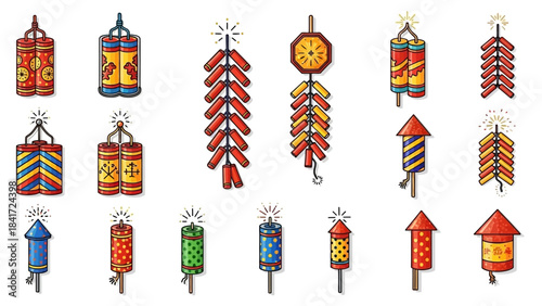 Collection of colorful cartoon fireworks and firecrackers for celebrations.