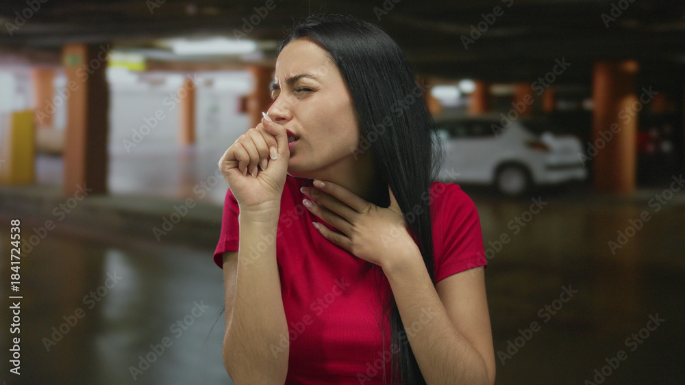 Fototapeta premium Woman coughing in an indoor parking lot beside a parked car, wearing a red shirt and appearing distressed, set against an urban background, highlighting human emotion and health.