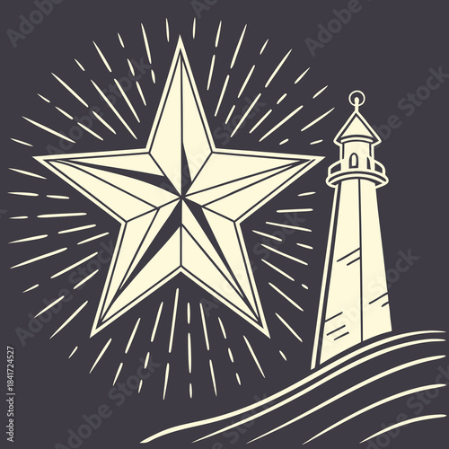 Coastal lighthouse shines brightly near a radiant star, a beacon of hope, set on a dark background