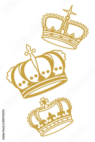 Golden crown illustrations against white backdrop, signifying royalty and nobility