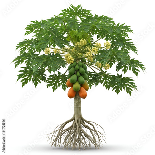 Carica papaya tree roots with yellow flowers and ripe fruits