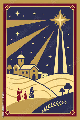 Christmas night with star, church, and figures, a symbolic illustration of nativity scene