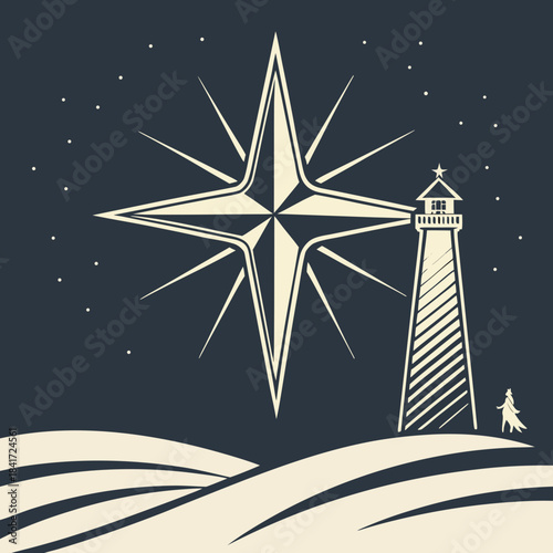 Illustration of a lighthouse with a guiding star and night sky