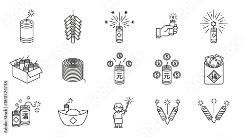 Chinese New Year Firecrackers and Fireworks Icons Set.