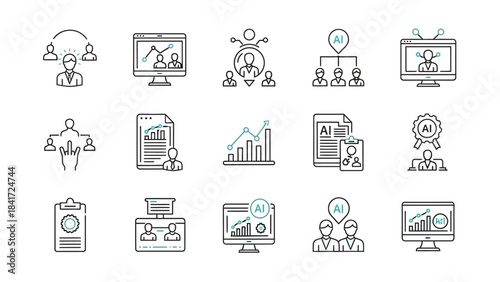 Collection of business and technology icons representing data analysis and teamwork.