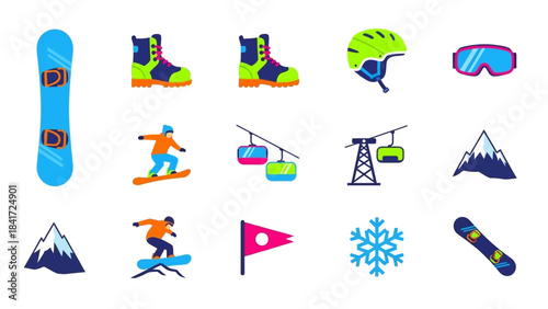 Winter Snowboarding and Skiing Equipment and Icons Collection.