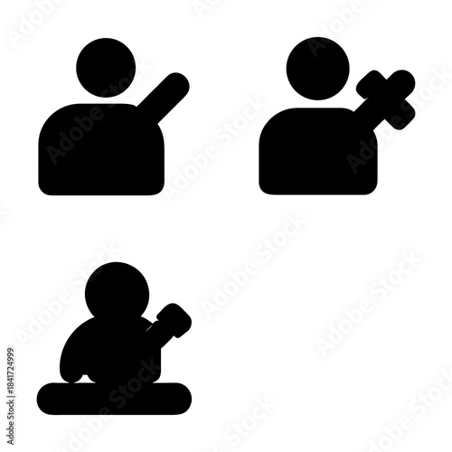Three black silhouette icons in simple shapes. The first icon resembles a person with an arm raised diagonally