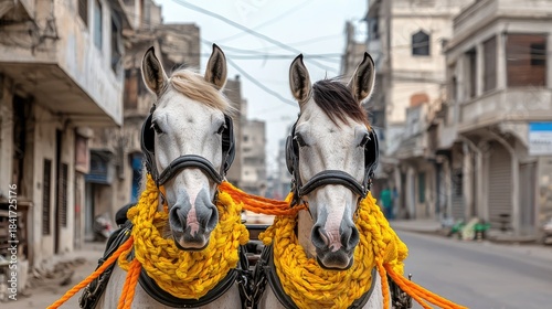 Fototapeta Naklejka Na Ścianę i Meble -  Horses in bright orange decorations standing side by side on a quiet street in a small town during the day