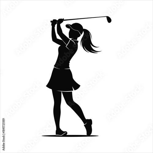Elegant silhouette of a female golfer mid-swing, showcasing power and grace on the course