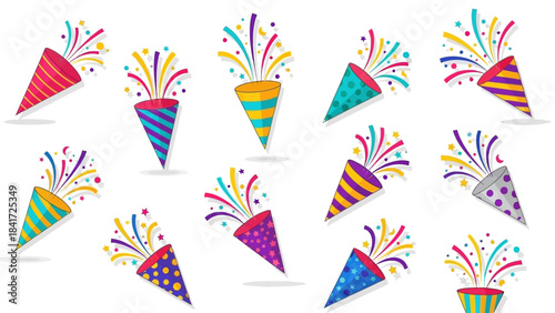 Collection of colorful party poppers exploding with confetti and streamers.