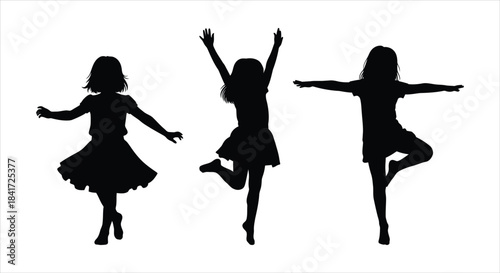 Dancing silhouettes of three young girls in different poses