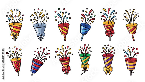 Collection of colorful party poppers exploding with confetti and streamers.