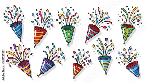 Collection of colorful party poppers exploding with confetti and streamers.