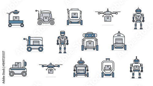 Collection of futuristic delivery robots and drones with packages.