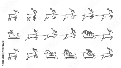 Christmas reindeer and sleigh illustrations in a line.