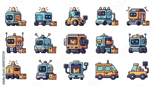 Collection of cute pixel art delivery robots carrying boxes.