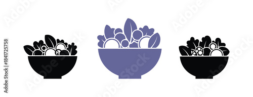 Three stylized bowls of salad with various vegetables and ingredients
