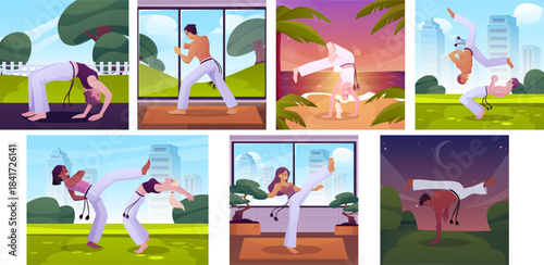 People doing capoeira exercise at nature, home or gym, Brazilian Capoeira dance and fight sport vector illustrations set
