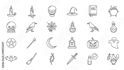 Collection of Halloween Icons and Symbols Hand Drawn Style.