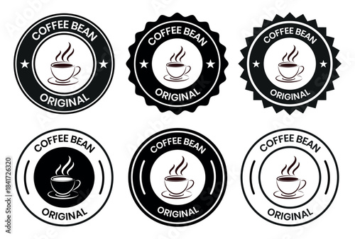 Original Coffee Bean Stamp Designs for Branding & Packaging, Featuring Hand-Drawn Style Illustrations on a White Background: Premium Quality Badge Icons for Cafe Marketing Materials and Product Label